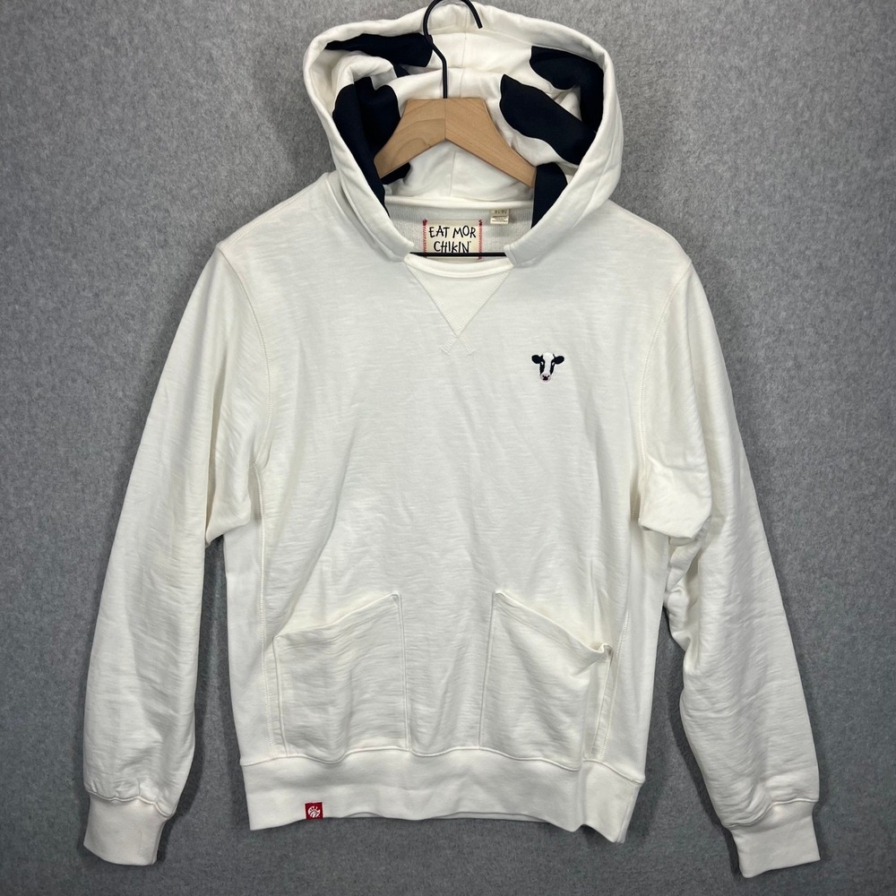 Chick-fil-A Eat Mor Chikin‎ Hoodie Mens S White Cow Print Hooded Sweatshirt EUC